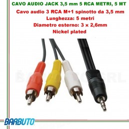 CAVO AUDIO jACK 3,5 mm 2 RCA Maschio - 5 MT, Diametro esterno: 3 x 2,6 mm