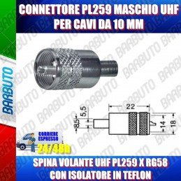 CONNETTORE PL259 MASCHIO UHF PER CAVI DA 10 MM A SALDARE CON ISOLATORE IN TEFLON