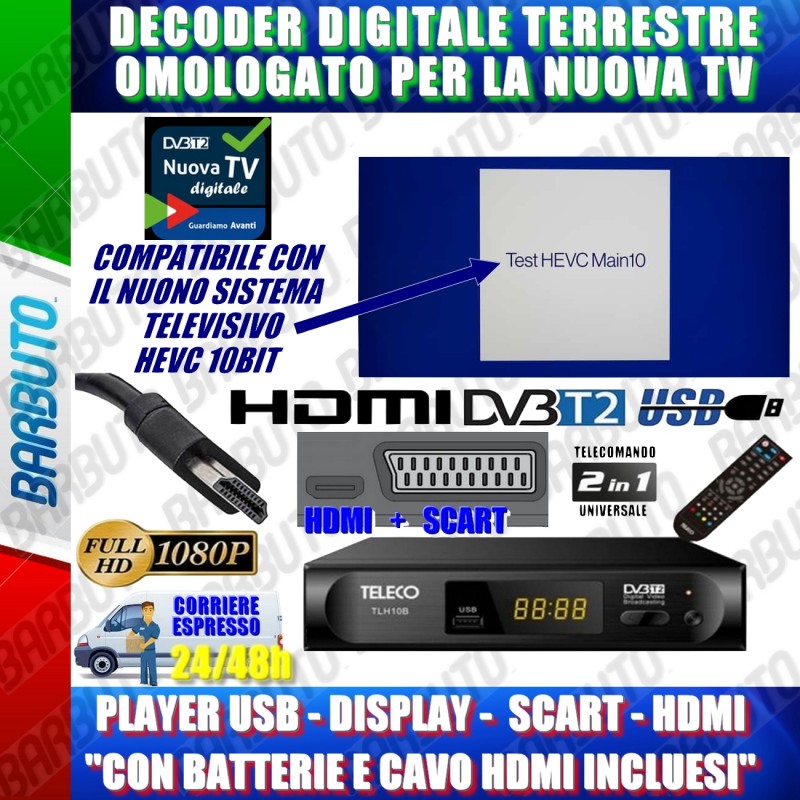 DECODER DIGITALE TERRESTRE HEVC 10BIT FULLHD USB + CAVO HDMI +