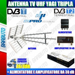 ANTENNA PER TV DIGITALE TERRESTRE UHF TRIPLA + ALIMENTATORE E AMPLIFICATORE 30dB