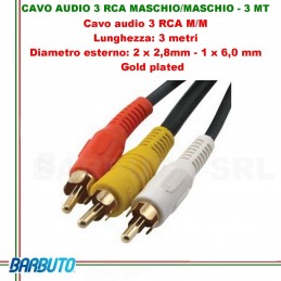 CAVO AUDIO 3 RCA MASCHIO/MASCHIO - 3 MT,Diametro esterno:2x2,8mm-1x6mm, GOLD