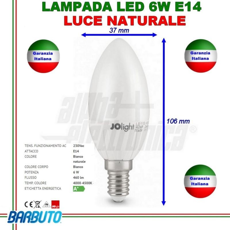 LAMPADINA LED E14 LUCE NATURALE CANDELA 4500K 6W 480LM